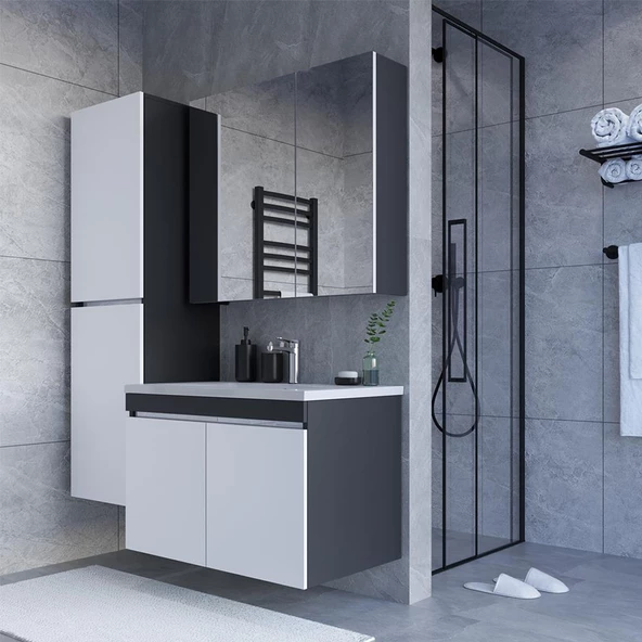 Teta Home Tokyo 80 Cm Mdf Banyo Dolabı Seti +Boy Dolabı  Antrasit-Beyaz