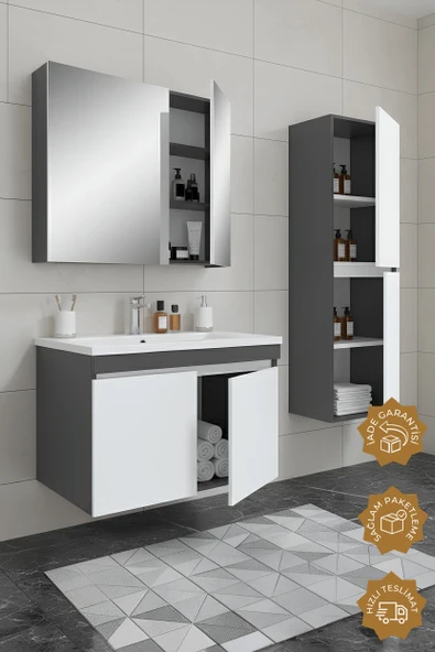 Teta Home Tokyo 80 Cm Mdf Banyo Dolabı Seti +Boy Dolabı  Antrasit-Beyaz - 2