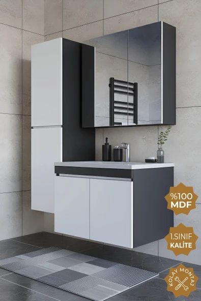 Teta Home Tokyo 80 Cm Mdf Banyo Dolabı Seti +Boy Dolabı  Antrasit-Beyaz
