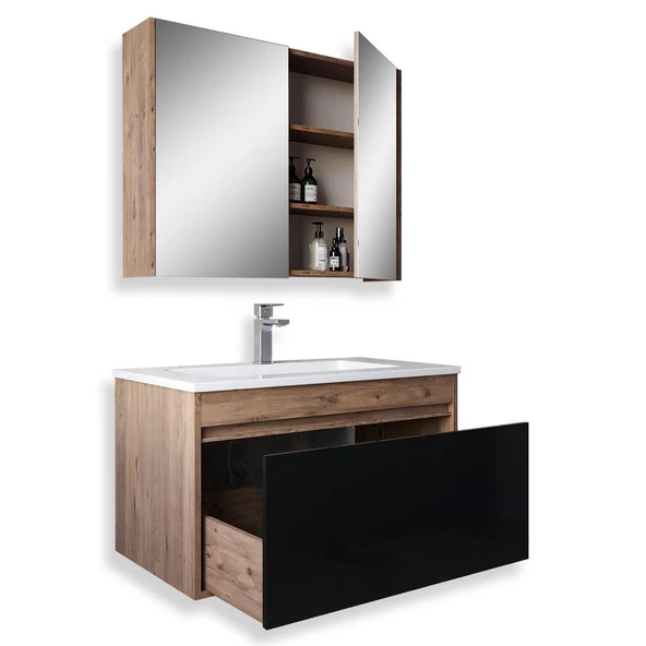 Teta Home Mersin 80 Cm Mdf Banyo Dolabı Seti  Atlantik Çam-Siyah - 2