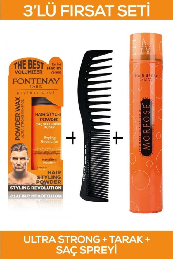 Fontenay Saç Şekillendirici Pudra Toz Wax Ultra Strong Turuncu + Şekil Tarağı + Saç Sprey 3Lü Set