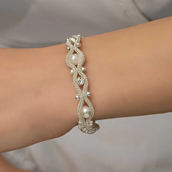 Gümüş İnci Kazaziye Örgü Bileklik SL5215 - Resim 12