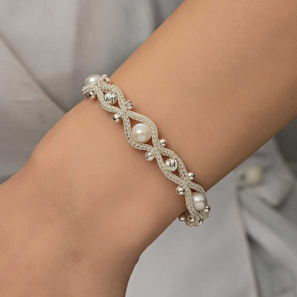 Gümüş İnci Kazaziye Örgü Bileklik SL5215 - Resim 3