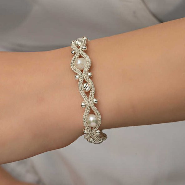 Gümüş İnci Kazaziye Örgü Bileklik SL5215 - Resim 5