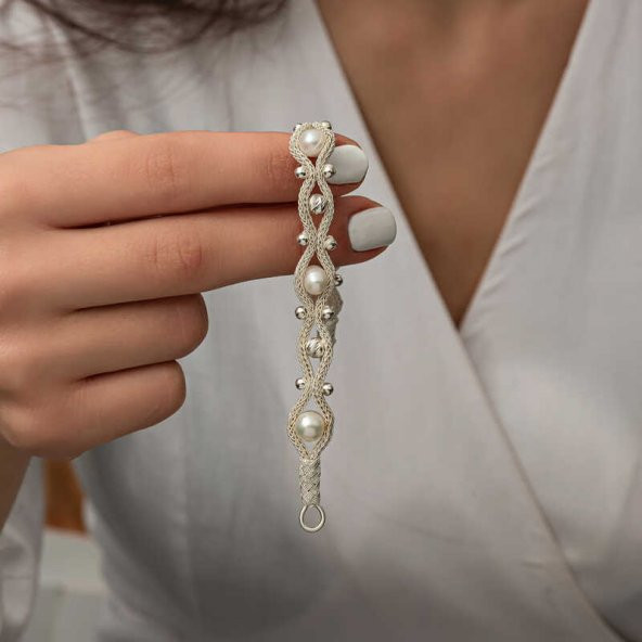 Gümüş İnci Kazaziye Örgü Bileklik SL5215 - Resim 6