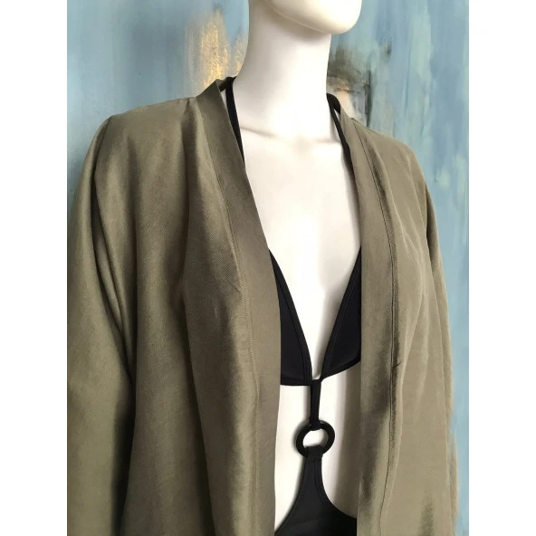 Yoga Reiki Nakışlı Oversize Keten Kısa Ceket Kimono / Kaftan Haki Rengi - 4