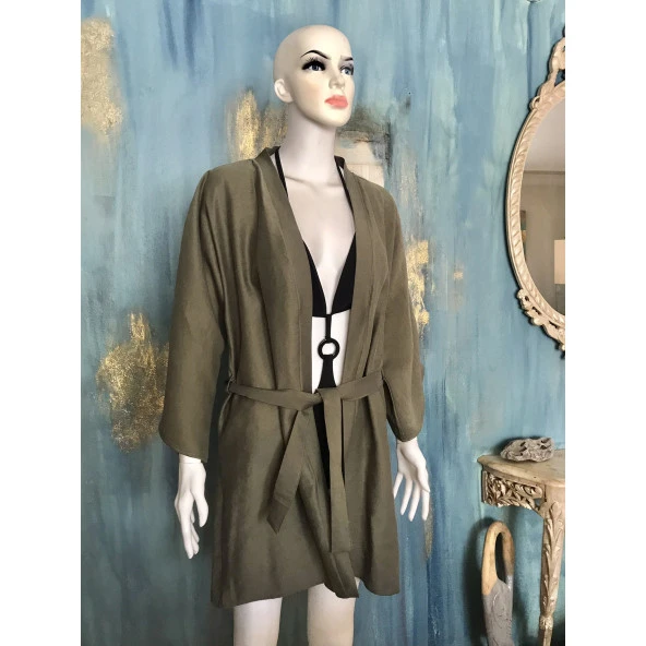 Yoga Reiki Nakışlı Oversize Keten Kısa Ceket Kimono / Kaftan Haki Rengi - 6