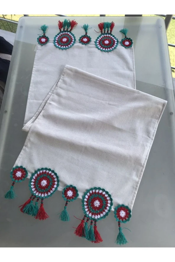 El Örgüsü Runner, Örgü Runner, Tığ İşi Runner - Ranir, Yeşil Kırmızı Beyaz