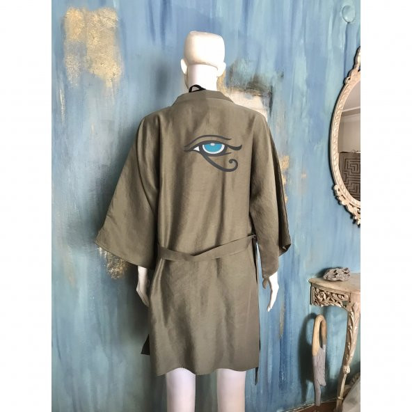 Horus'un Gözü Nakışlı Oversize Keten Kısa Ceket Kimono / Kaftan Haki Rengi - 2