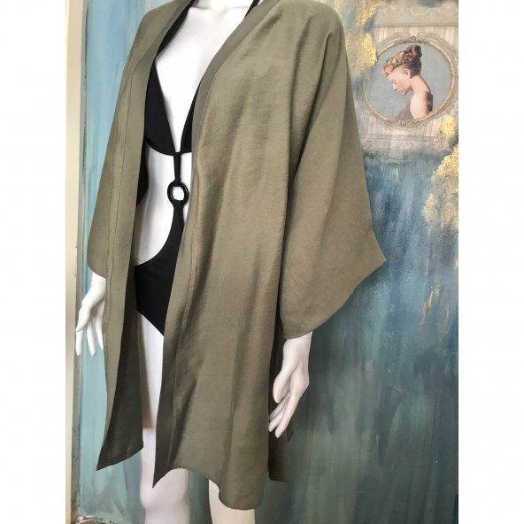 Horus'un Gözü Nakışlı Oversize Keten Kısa Ceket Kimono / Kaftan Haki Rengi - 5