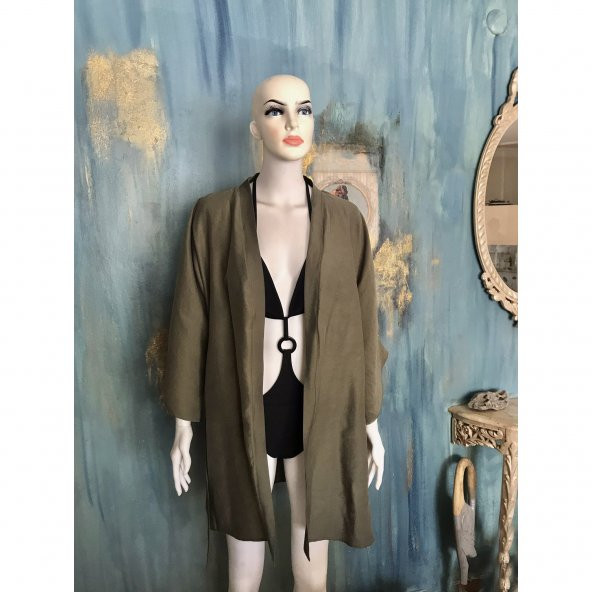 Ham Nakışlı Oversize Keten Kısa Ceket Kimono / Kaftan Haki Rengi - 3