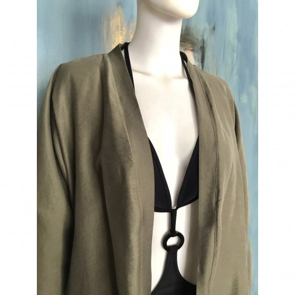 Ham Nakışlı Oversize Keten Kısa Ceket Kimono / Kaftan Haki Rengi - 4