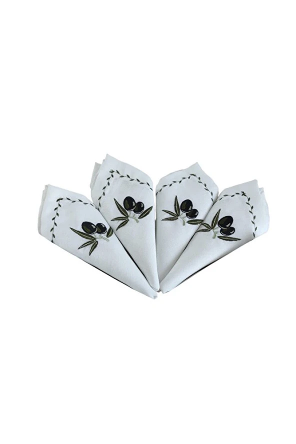İpek Keten üzerine Zeytin Nakışlı 4'lü Kumaş Peçete - 3