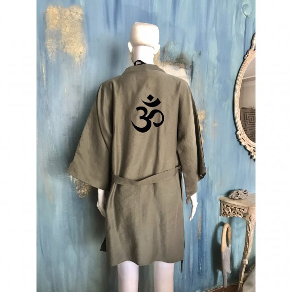 Yoga OM Nakışlı Oversize Keten Kısa Ceket Kimono / Kaftan Haki Rengi - 2