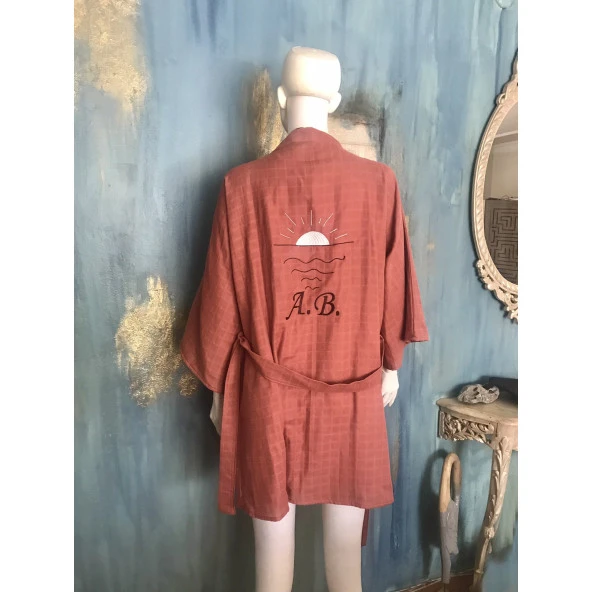 Bohem Oversize Müslin Kısa Ceket Kimono / Kaftan Kiremit Rengi