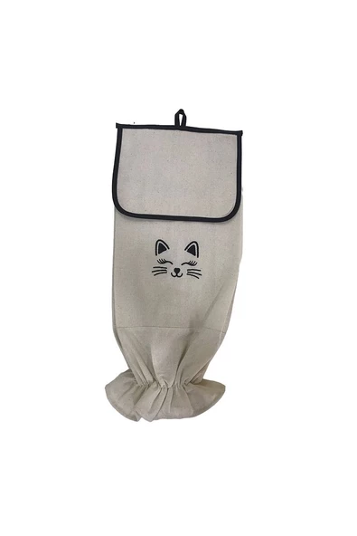 Cat Plastic Bag - Kedili Poşet Torbası Kese Krem Keten - 4