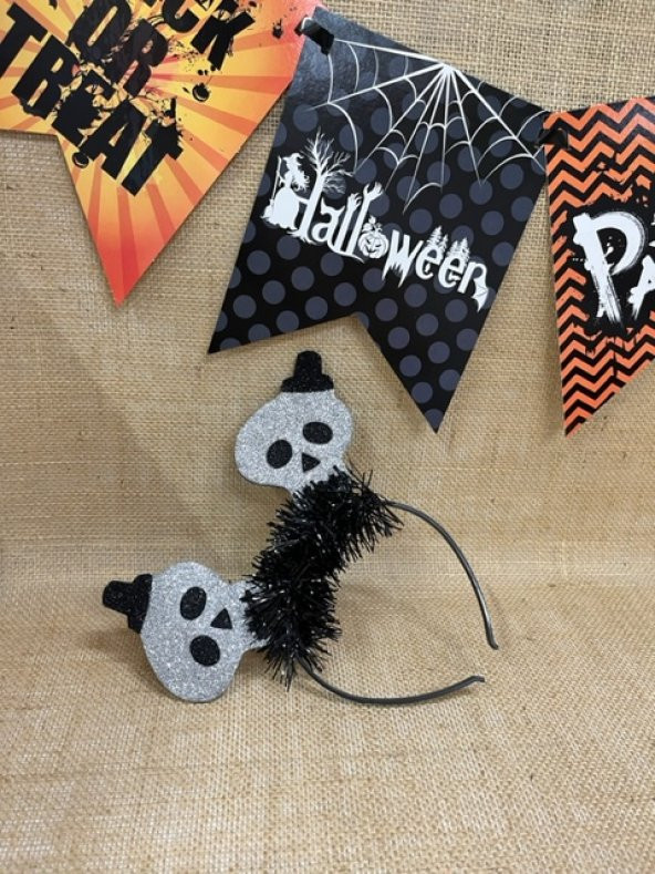Halloween Taç Kuru Kafa Beyaz Siyah Parlak