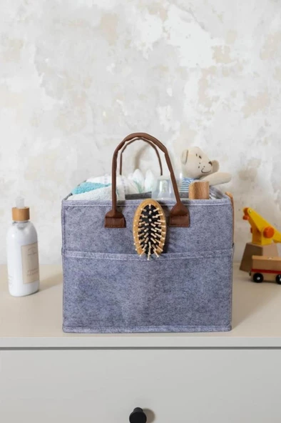 Flosoft Keçe Derili 3 Gözlü Anne Bebek Bakım Çantası, Çok Amaçlı Düzenleyici Organizer Çanta - 6