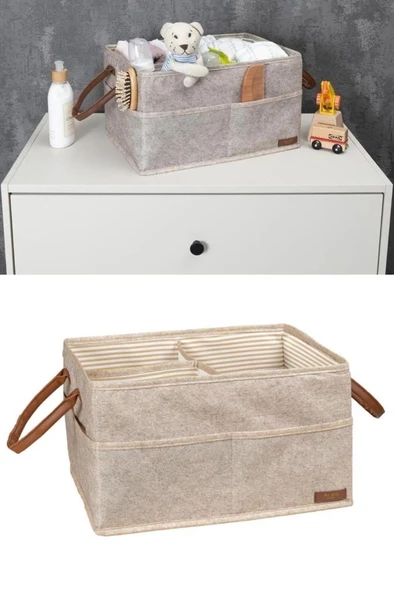 Flosoft Keçe Derili 3 Gözlü Anne Bebek Bakım Çantası, Çok Amaçlı Düzenleyici Organizer Çanta - 4