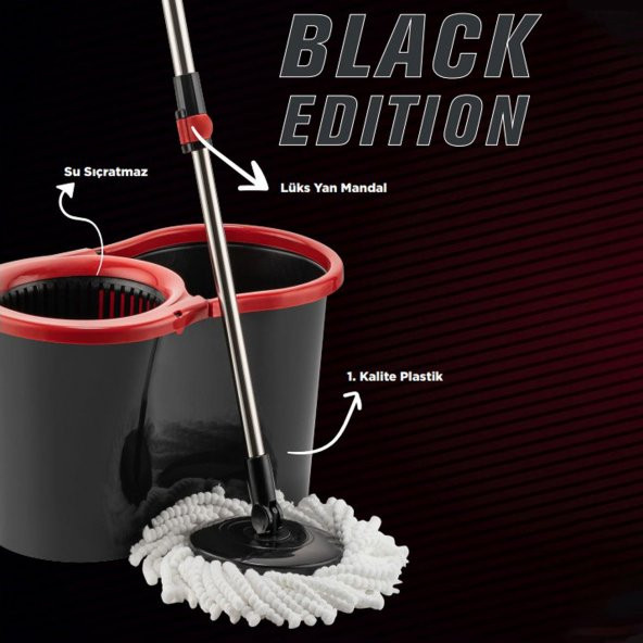 Black Edition Mikrofiber Süper 360 Otomatik Temizlik Seti Kova Mop Set Banyo Paspas Yer Vileda 16 Lt - 2