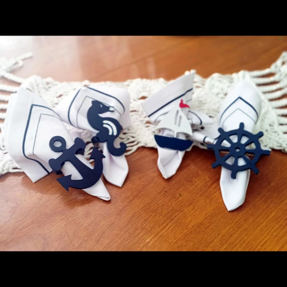 4'lü Çapa, Dümen, Denizatı, Yelkenli Peçete Halkası & Yüzüğü Seti