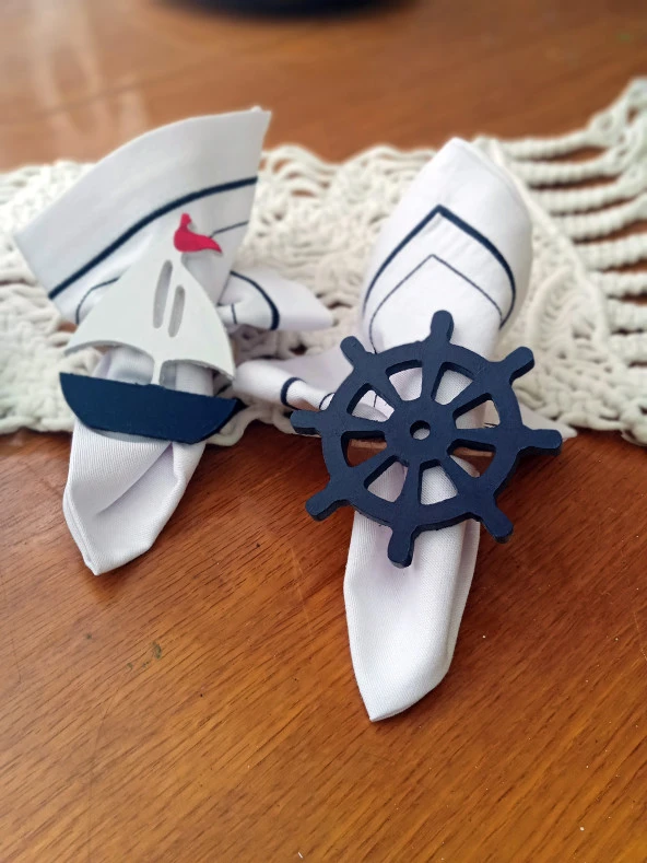 4'lü Çapa, Dümen, Denizatı, Yelkenli Peçete Halkası & Yüzüğü Seti - 2