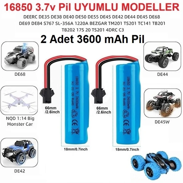 2 ADET Siyah Soketli Oyuncak Araba Pili 3600 mAh 3.7V 18650 Li-Ion 18Mm X 66Mm