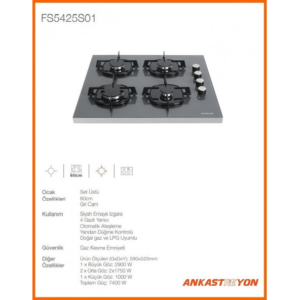 Silverline FS5425S01 Gri Cam Set Üstü Ocak - Resim 2