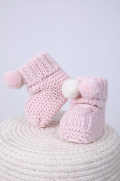 Babyhola Kız Erkek %100 Triko İlk Adım Ponponlu Patik 0-6 ay Yenidoğan Kutulu Hediyelik 8009 - 11