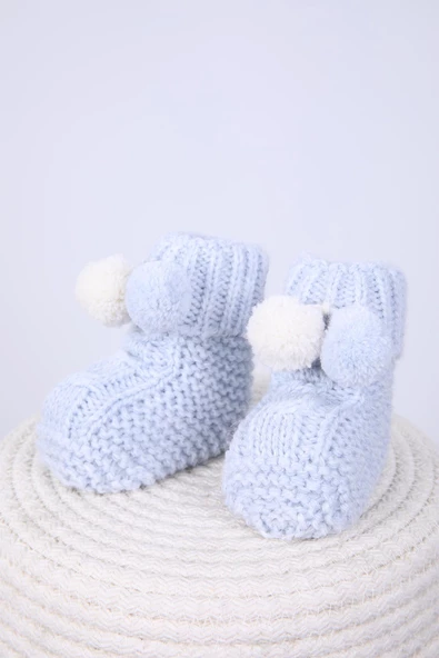 Babyhola Kız Erkek %100 Triko İlk Adım Ponponlu Patik 0-6 ay Yenidoğan Kutulu Hediyelik 8009 - 9