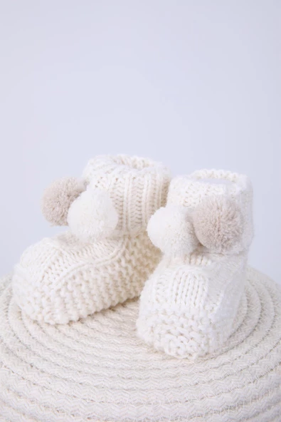 Babyhola Kız Erkek %100 Triko İlk Adım Ponponlu Patik 0-6 ay Yenidoğan Kutulu Hediyelik 8009 - 4