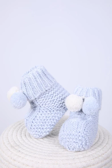 Babyhola Kız Erkek %100 Triko İlk Adım Ponponlu Patik 0-6 ay Yenidoğan Kutulu Hediyelik 8009 - 8
