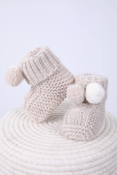 Babyhola Kız Erkek %100 Triko İlk Adım Ponponlu Patik 0-6 ay Yenidoğan Kutulu Hediyelik 8009 - 3
