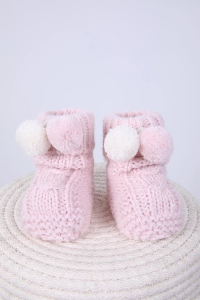 Babyhola Kız Erkek %100 Triko İlk Adım Ponponlu Patik 0-6 ay Yenidoğan Kutulu Hediyelik 8009 - 12