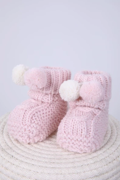 Babyhola Kız Erkek %100 Triko İlk Adım Ponponlu Patik 0-6 ay Yenidoğan Kutulu Hediyelik 8009 - 10