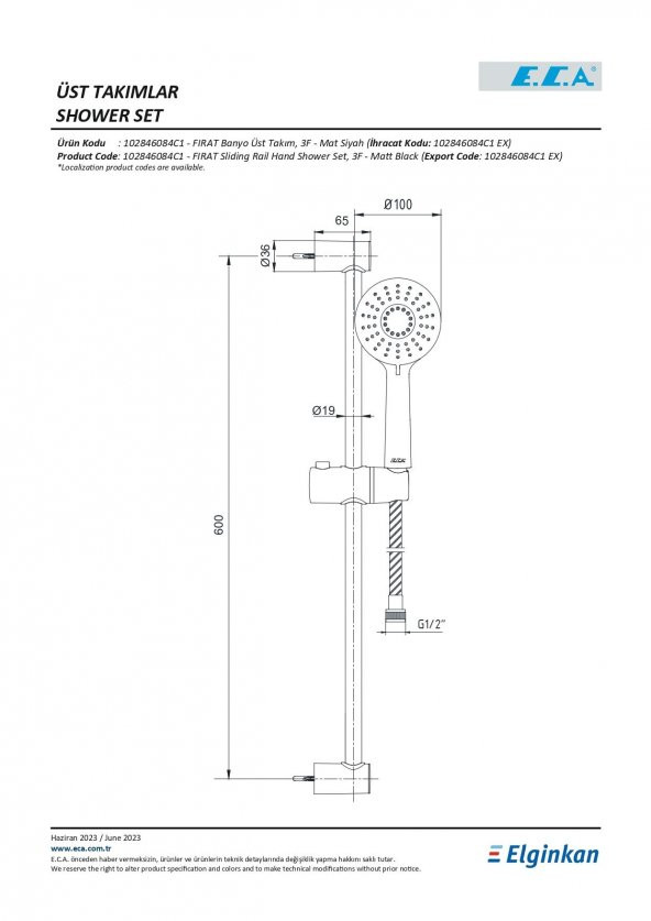 Eca Fırat Üç Fonksiyonlu Hareketli Sürgülü Duş Seti Mat Siyah 102146006C1 - 2