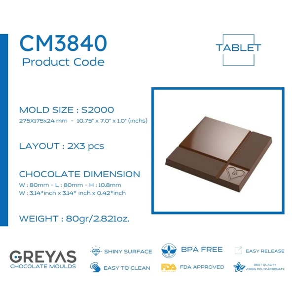 Polikarbon Kare Tablet Çikolata Kalıbı 80 gr | Cm-3840 - Resim 5
