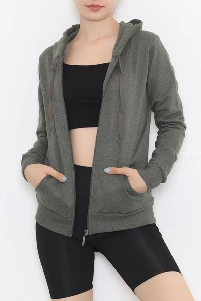 İç Tüylü Kapşonlu Fermuarlı Sweat Haki - 11866.108. - 2