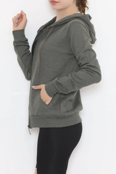 İç Tüylü Kapşonlu Fermuarlı Sweat Haki - 11866.108. - 4
