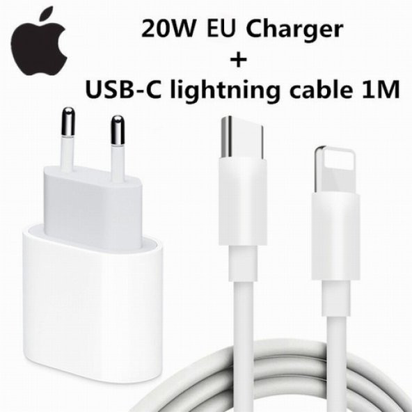 Orjinal Apple iPhone 11 20W Hızlı Şarj Aleti Seti USB-C MHJE3TU-A + MQGJ2ZM/A (Kablo Dagil)