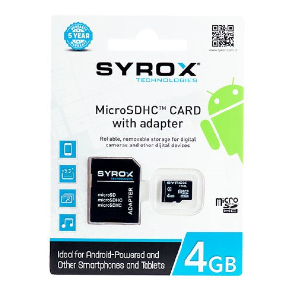 Syrox 4 GB Micro Sd Card Hafıza Kartı & Adaptörü Class 10 MC4