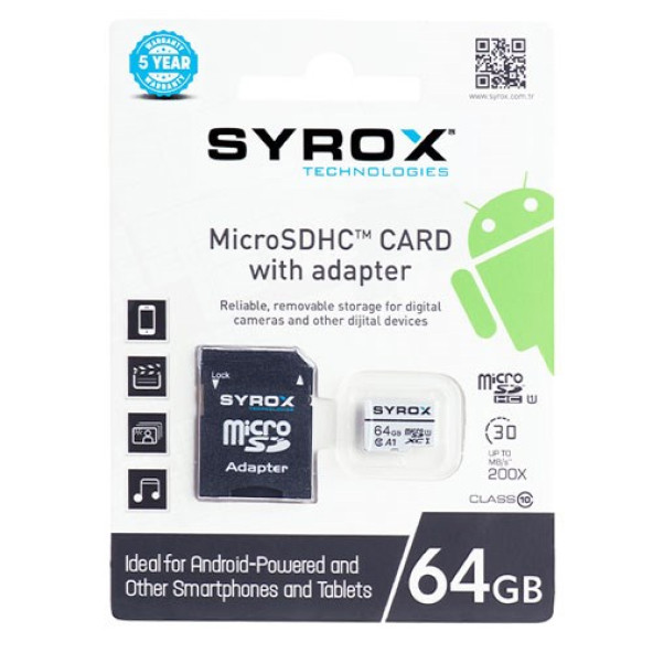 Syrox 64 GB Micro Sd Card Hafıza Kartı & Adaptörü Class 10 MC64