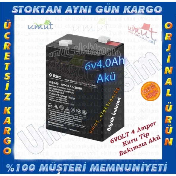 UMUT BİLİŞİM TEKNOLOJİLERİ _ TTEC 6 VOLT 4 AMPER BAKIMSIZ KURU AKÜ- 6V 4 AH 2024 ÜRETİMİ YENİ AKÜ BATARYA PİL DİR. - 3