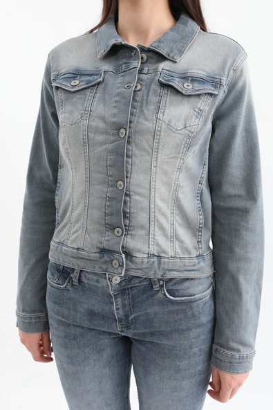 Kadın Düğmeli Likralı Jean Ceket Mavi - 7