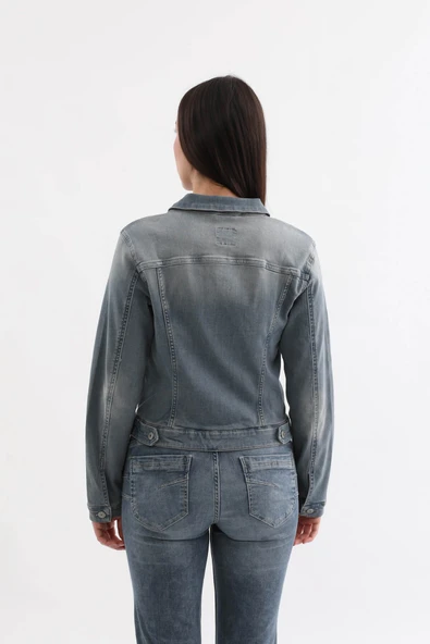 Kadın Düğmeli Likralı Jean Ceket Mavi - 6