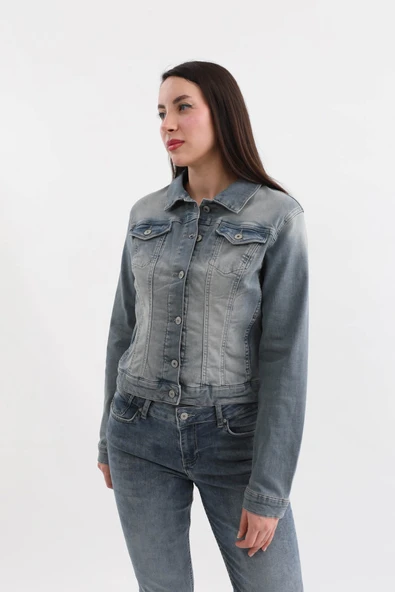 Kadın Düğmeli Likralı Jean Ceket Mavi - 4