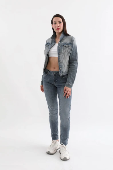 Kadın Düğmeli Likralı Jean Ceket Mavi - 2