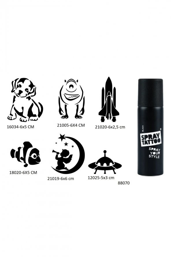 Çocuksu Desenler 6 Adet Şablon ve Siyah Sprey Geçici Dövme Seti ürün görseli 1