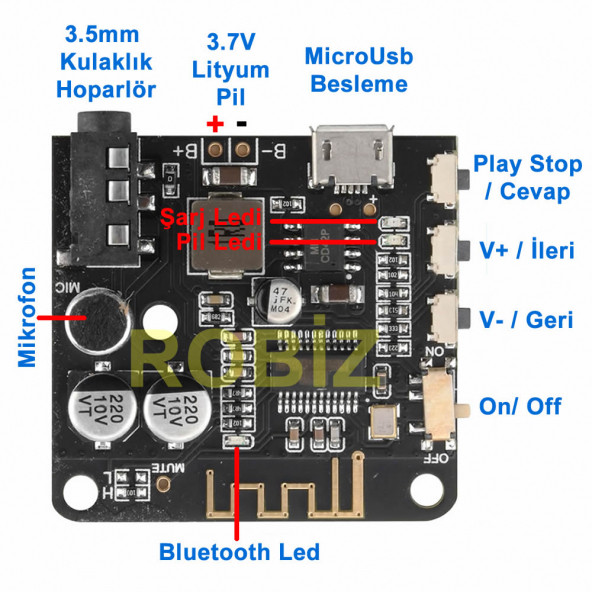 Bluetooth 5 Pro Kablosuz Ses Çalma Modülü  Mikrofon Giriş Stereo Müzik Mp3 3.7V Lityum Pil Batarya Şarj - 3