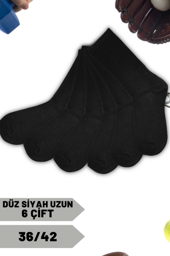 ETP Socks Pamuklu Kolej (Uzun) Çorap Düz Siyah Unisex 36/42 6 Çift